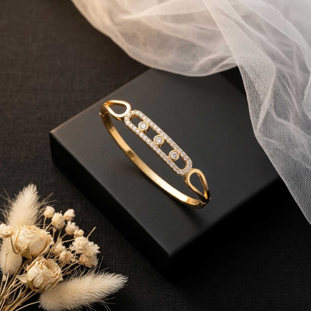 Elegant Gold-Tone Crystal Link Open Cuff Bracelet for Women