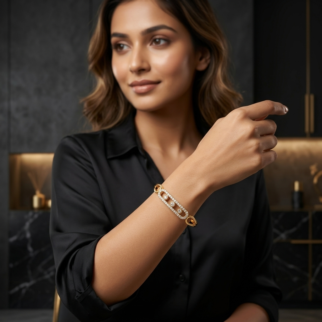 Elegant Gold-Tone Crystal Link Open Cuff Bracelet for Women