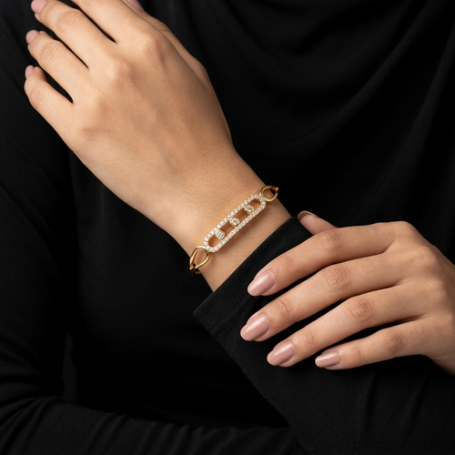 Elegant Gold-Tone Crystal Link Open Cuff Bracelet for Women