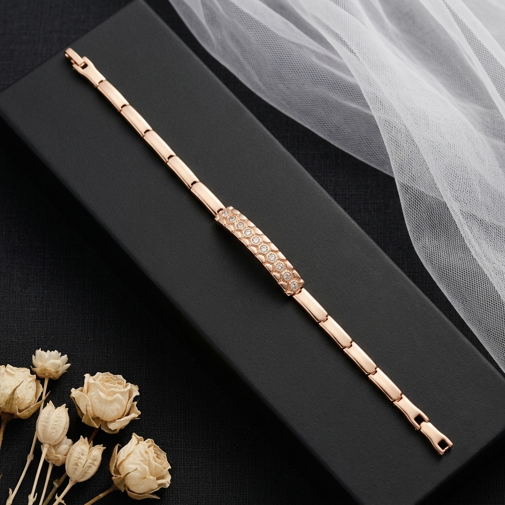 Elegant Rose Gold-Tone Crystal Bar Link Bracelet for Women