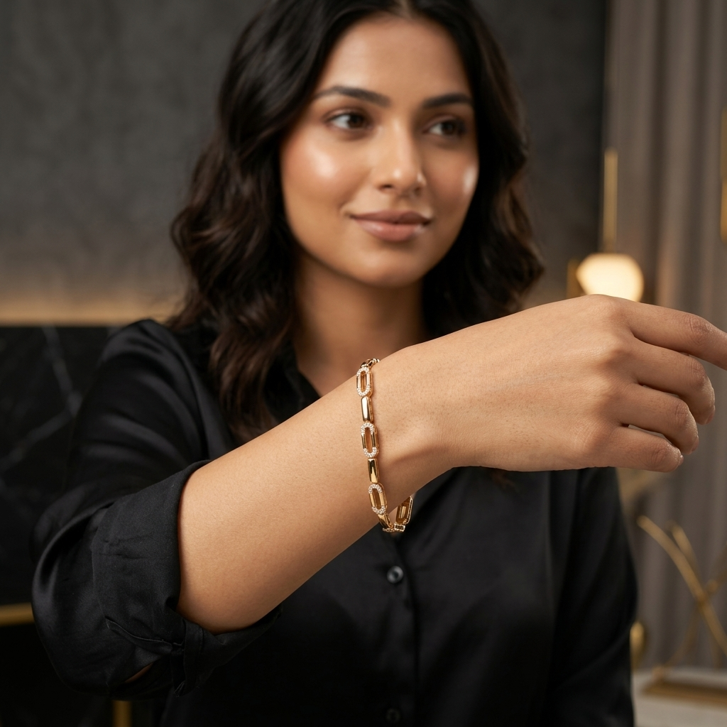 Elegant Rose Gold-Tone Crystal Oval Link Bracelet for Women